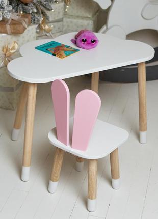 Детский  белый стол тучка и стул зайчик розовый. белоснежный столик детский.