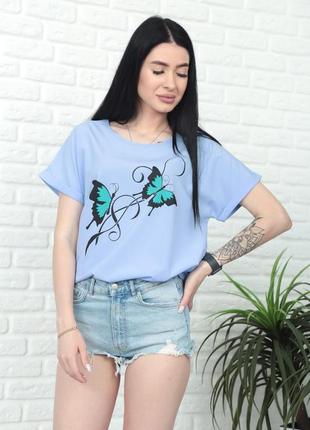 Женская летняя блузка футболка свободного кроя с принтом бабочки