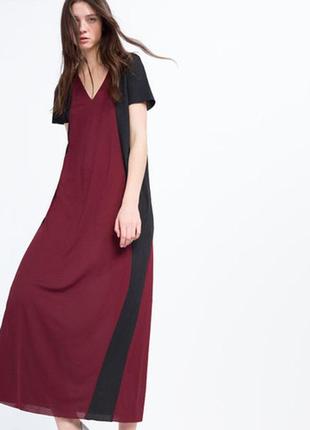 Длинное бордовое свободное платье с карманами zara