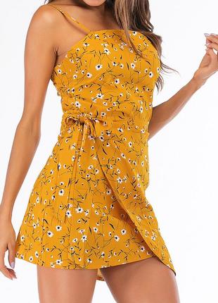 Floral print mustard yellow wrap-front cami bohemian dress