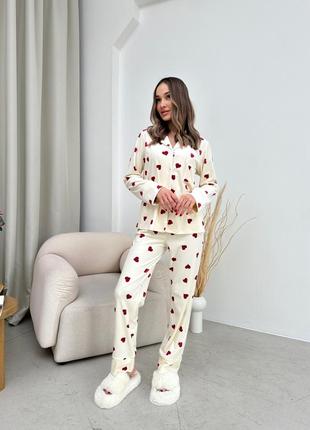 Плюшевая пижама рубашка и брюки, велюровый домашний костюм с принтом сердечки