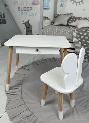 Детский столик и стульчик белый. столик с ящиком для карандашей и разукрашек