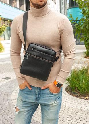 Чоловіча шикарна якісна та стильна сумка месенджер з натуральної шкіри чорний