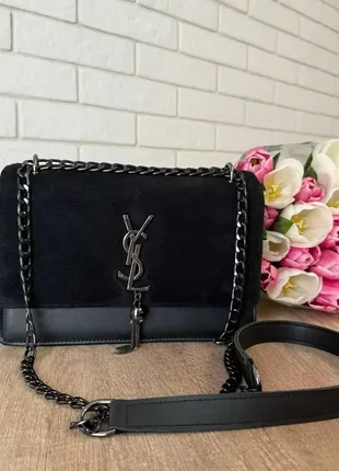 Замшевая женская мини сумочка клатч на плечо ysl, сумка натуральный замш черная