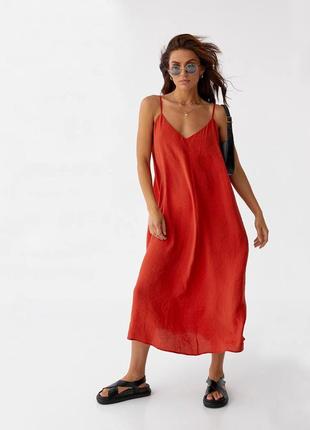 Сарафан женский миди платье - комбинация на тонких бретельках с v образным вырезом декольте свободного кроя оверсайз черный красный хаки