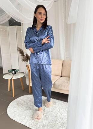 Женский шелковый костюм-пижама рубашка и брюки синяя