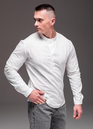Мужская белая льняная рубашка с длинным рукавом и воротником стойка / льняная мужская белая рубашка