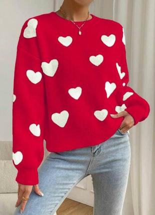 Женский вязаный акриловый свитер с сердечками
