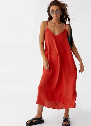 Сарафан женский миди платье - комбинация на тонких бретельках с v образным вырезом декольте свободного кроя оверсайз черный красный хаки