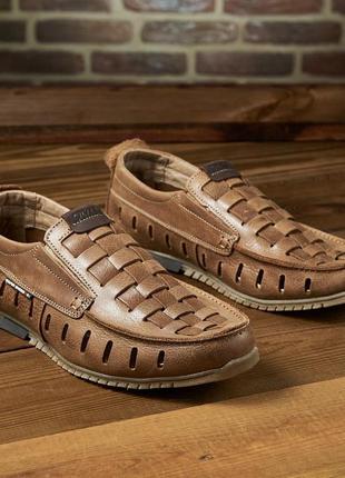 Летние коричневые мужские кожаные туфли-мокасины с перфорацией,натуральная кожа-мужская обувь лето