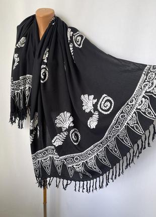 Парео пляжный платок вискоза черный с белым узором этно бохо