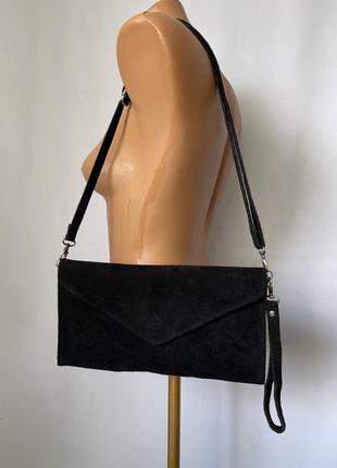 Черная замшевая кожаная сумка клатч вечерний конверт на молнии и кнопке girly handbags итальялия