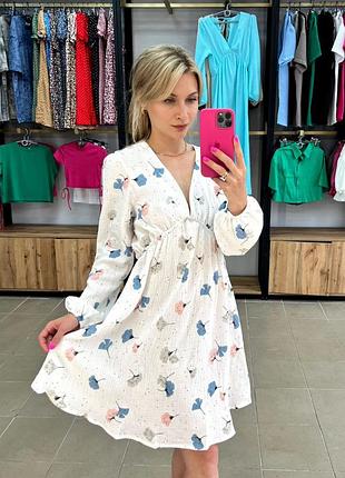 Платье белое хлопковое из муслина свободного кроя с длинными рукавами с вырезом для беременных туника