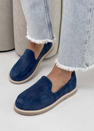 Синие джинс женские лоферы туфли мокасины с сквозной перфорацией из натуральной замши замшевые лоферы мокасины с сквозной перфорацией