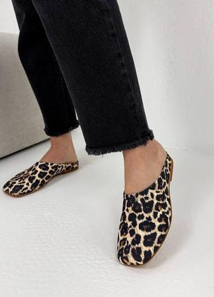 Леопардовые женские мюли с квадратным носом леопардовые туфли с открытой пяткой из натурального нубука