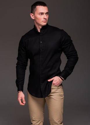 Мужская черная рубашка из льна, длинный рукав, воротник стойка