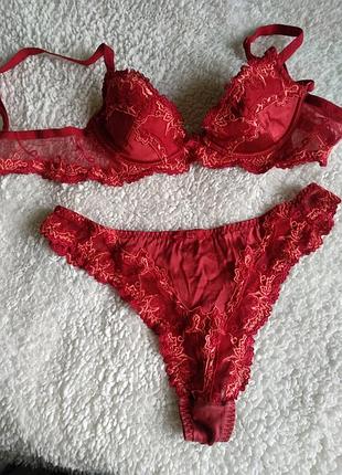 Шикарный красный комплект трусы и бюстгальтер люкс provea collection кружево кружевесной
