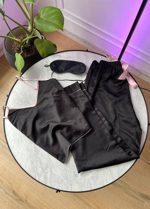 Черный шелковый комплект с маской для сна(топ, брюки, маска)с