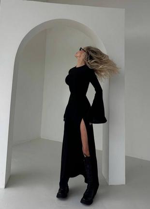 Черное платье макси с разрезом ☺️ стильное женское платье рукава клеш ☺️ женское платье макси 💕 платье макси