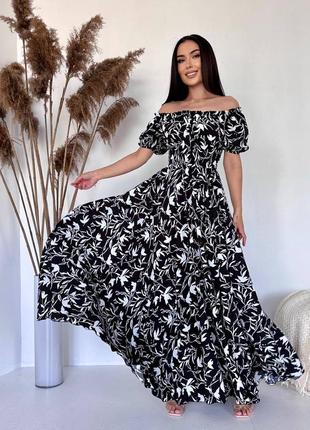 Черное женское длинное платье в цветочный принт женское платье макси с открытыми плечами в цветочный принт