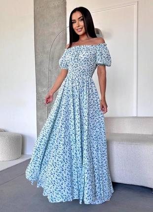 Біла блакитна жіноча довга сукня в квітковий принт жіноча сукня максі з відкритими плечима в квітковий принт
