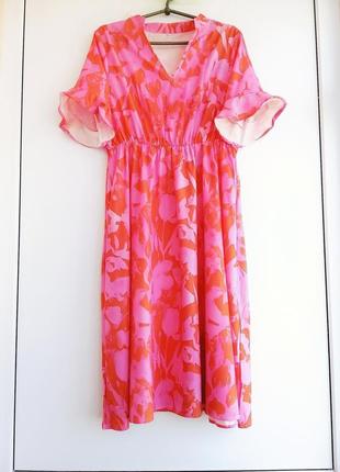 Платье женское оранжевое розовое цветочное принт миди