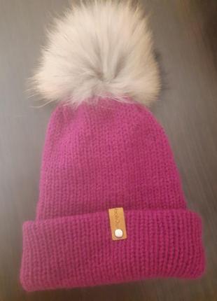 Жіноча тепла в'язана шапка з натуральним хутром | woollyjoy