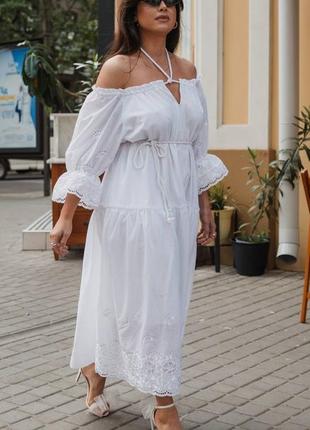 48-70р белое платье прошва длинная макси рукав три четверти хлопок вышивка декольте трапеция батал