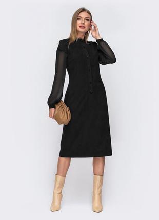 Чорне приталене плаття з замші з шифоновими рукавами dressa