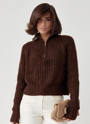 Жіночий в'язаний светр теплий oversize з коміром на блискавці темно- коричневий колір один розмір