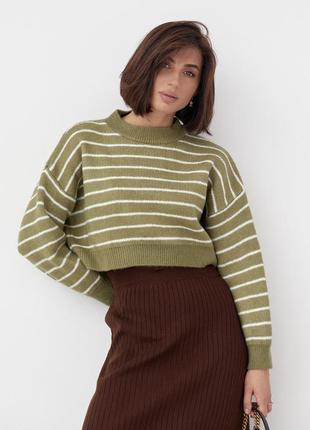 Укорочений в'язаний джемпер светр оверсайз в смужку теплий гірчичний  колір один розмір