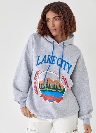 Утеплене худі жіноче з  принтом 2-нитка та написом lake city сірий колір s  m l