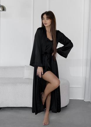 Черный шелковый женский набор халат и рубашка, соблазнительное белье пеньюар и длинный халат, легкая пижама, шелковый комплект для дома и сна, ночной ск