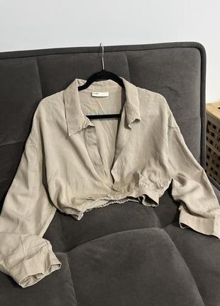 Льняная бежевая укороченная рубашка от pull & bear