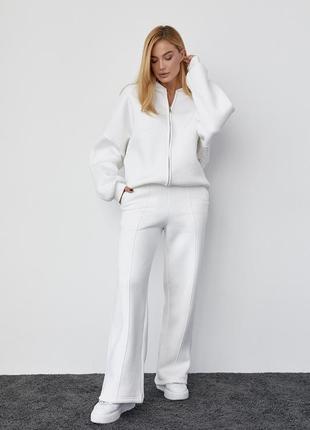 Теплий спортивний костюм жіночий  на флісі з бомбером та широкими штанами 3-нитка білий xs m
