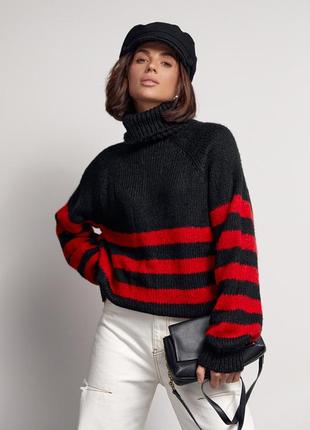 В'язаний жіночий светр теплий в смужку чорно- червоний колір один розмір