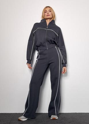 Теплий спортивний костюм жіночий  на флісі з бомбером та широкими штанами 2-нитка  темно -сірий колір  s  l