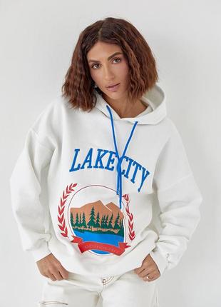 Утеплене худі жіноче з  принтом 2-нитка та написом lake city білий  колір s м l