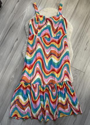 Платье миди вискоза сарафан свободный разноцветный принт