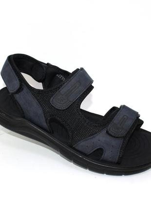 Черные мужские текстильные сандалии на липучках с нубуковыми вставками синего цвета