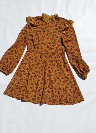 Цветочное горчичное платье с рюшами primark