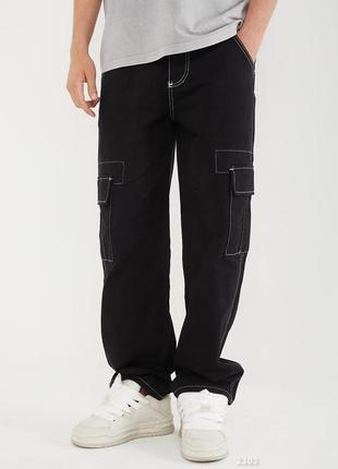 Черные стильные оверсайз брюки карго мужские