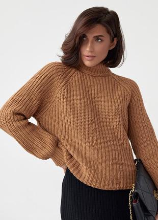 Жіночий в'язаний светр теплий  із рукавами-регланами  коричневий колір  один розмір