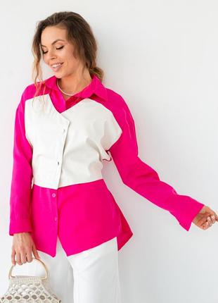 Женская рубашка с вставкой из экокожи  розовый  цвет, xl