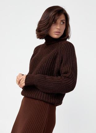 Жіночий в'язаний светр теплий  із рукавами-регланами темно- коричневий колір  один розмір