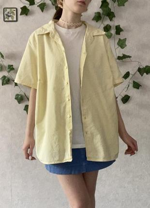 Трендовая рубашка в лимонном цвете оверсайз с вышивкой минималистичного льняная коттоновая хлопковая