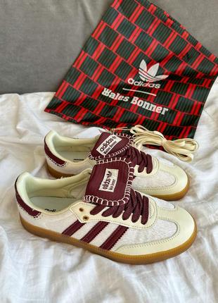 Трендовые женские кроссовки adidas samba x wales bonner pony cream bordo молочные