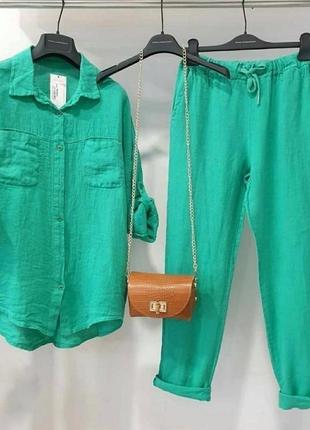 Трендовий преміум креповий костюм жіночий комплект сорочка з кишенями і штани жатка