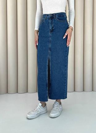 Юбка-миди карандаш джинс джинсовая карго кармана накладные коттон плотная по фигуре прямая клеш джинсовая разрез