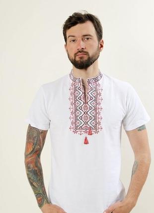 Вышиванка футболка мужская белая с красной вышивкой